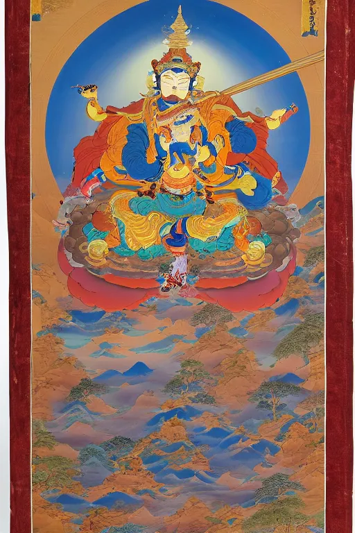 Prompt: a Beautifully exquisite WUKONG Thangka, with intricate details and bright colors. WUKONG is shown in the center, The background is a deep blue, with mountains and clouds. The thangka is framed in a gold border, by WU DAOZI, zhang xuan, qiu ying, Chris Saunders,