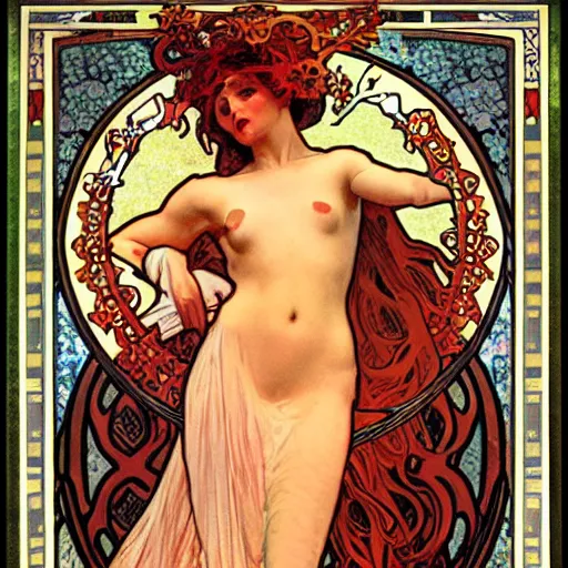 Image similar to persephone in hell, painted by alphonse mucha