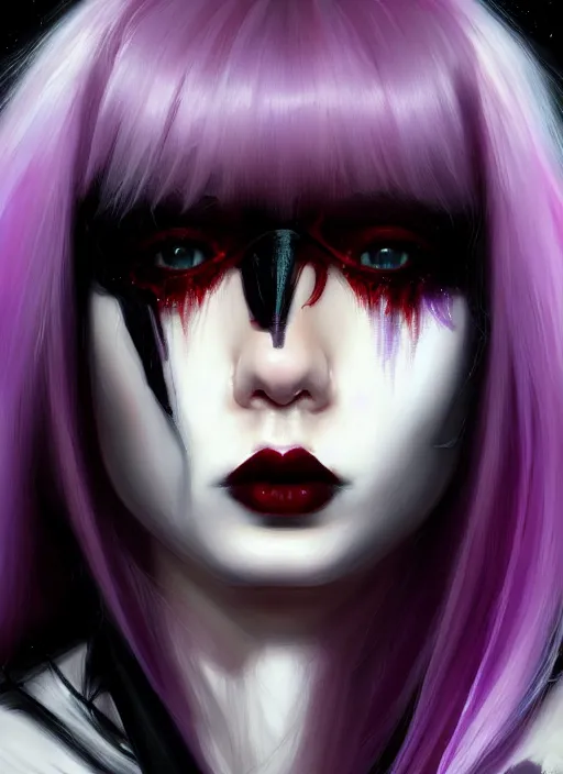 Image similar to portrait of white teenage girl, normal face, white bangs, mall goth, cyberlox, black and white hair, bangs, fluffy bangs, red contact lenses, purple lipstick, intricate, elegant, highly detailed, digital painting, artstation, concept art, sharp focus, smooth, illustration, art by wlop, mars ravelo and greg rutkowski