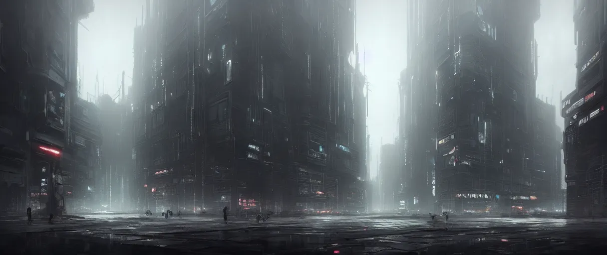 Image similar to dystopian cyberpunk world, with doors everywhere, grey sky, monochrome except doors, concept art, matte painting, high detail, buildings made of doors, large scale, digital painting, style of jordan grimmer, high res