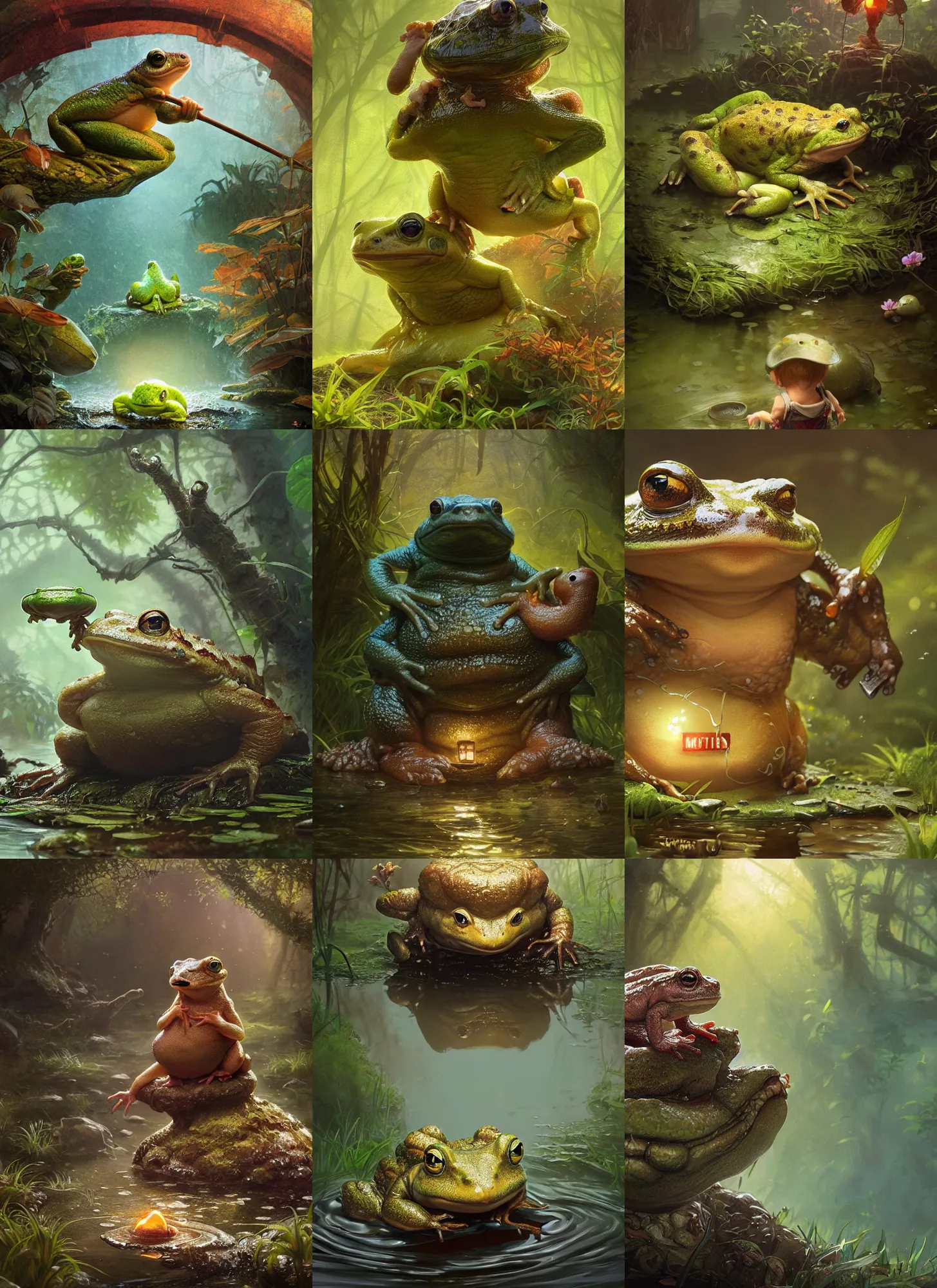 Prompt: mother toad cute amphibian detective, unreal engine, octane render, dramatic lighting, pond, digital art, by Stanley Artgerm Lau, greg rutkowski, thomas kindkade, alphonse mucha, loish, norman Rockwell