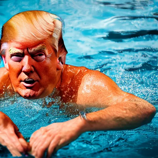 Image similar to professional photograph of Donald Trump swimming in a pool full of tomato soup, 8k, dslr, cinematic,