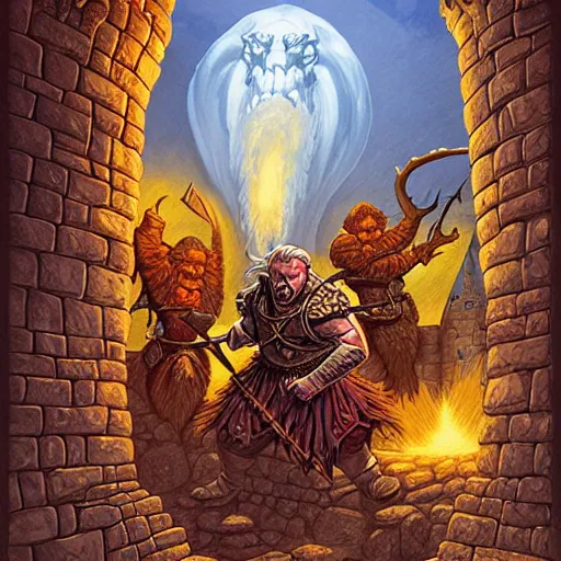 Image similar to dnd adventure module cover about a castle that eats adventurers. fantasy illustration | | digital illustration, fine details, lighting poster by larry elmore, rob spencer, wayne reynolds, eva wildermann, jeff easley