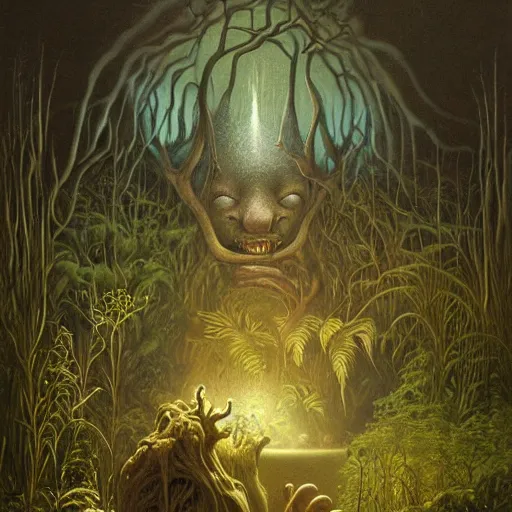 Prompt: a hyperrealistic painting of an alien god performing miracles in the middle of an alien jungle, bioluminescent plants, by john kenn mortensen and zdzislaw beksinski, highly detailed, vivid color,