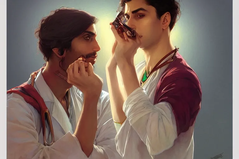 Image similar to Anxious good looking pale young Indian doctors drinking, portrait, elegant, intricate, digital painting, artstation, concept art, smooth, sharp focus, illustration, art by artgerm and greg rutkowski and alphonse mucha