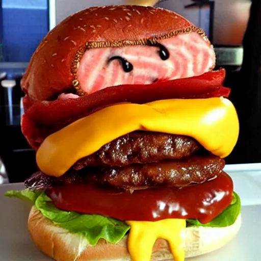 Image similar to kevin bacon face with a bacon texture wrapped inside a cheeseburger