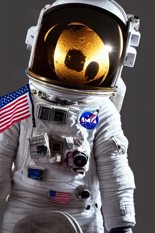 Image similar to extremely detailed studio portrait of space astronaut, holds an iphone in one hand, iphone held up to visor, reflection of iphone in visor, moon, extreme close shot, soft light, golden glow, award winning photo by nasa