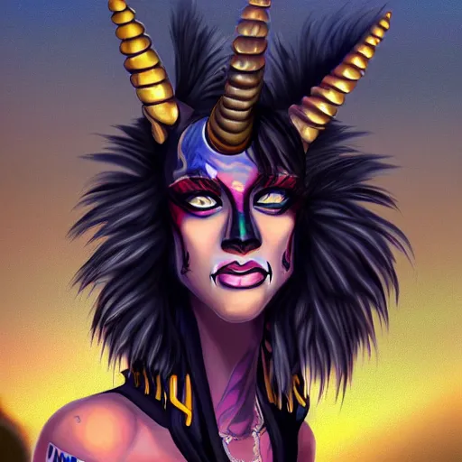 Image similar to Beautiful portrait digital painting, oil painting, anthro anthropomorphic unicorn androgynous , at a lake anarchist anarcho-punk Punk Punk outfit. furaffinity, artstation