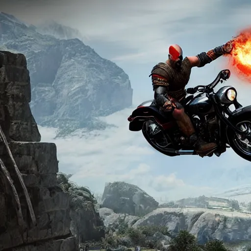 Image similar to kratos jumping a black harley - davidson motorcycle off a cliff, cinematic render, playstation studios official media, god of war 2 0 1 8, flames, centered