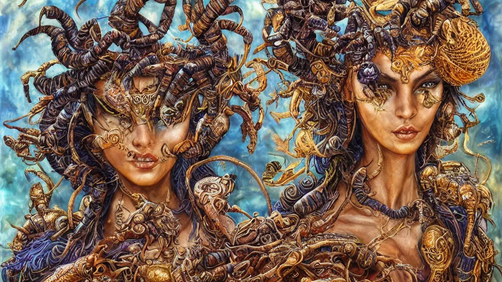 Prompt: portrait of a scorpion goddess, full body shot, rule of thirds, wide angle, amazing landscape background, fantasy, whimsical, horror, art by chengwei pan and josephine wall and hr geiger and amanda sage, intricately detailed, highly detailed, luxurious, elegant, clean, unsettling, trending on artstation