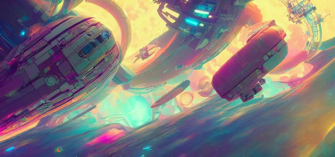 Image similar to a floating space station, channeling swirling energy, wearing netrunner clothing, vaporwave aesthetic, colorful, psychedelic, digital painting, artstation, concept art, smooth, sharp focus, illustration, art by artgerm and greg rutkowski and alphonse mucha