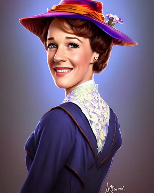 Image similar to Julie Andrews Mary Poppins from Disney 1964 smiling and looking to the side, D&D, fantasy, intricate, elegant, highly detailed, digital painting, artstation, concept art, matte, sharp focus, illustration, hearthstone, art by Artgerm and Greg Rutkowski and Alphonse Mucha