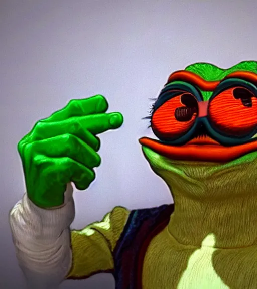 Image similar to pepe holding money, realistic, frame from the movie, hyper detailed, dramatic light