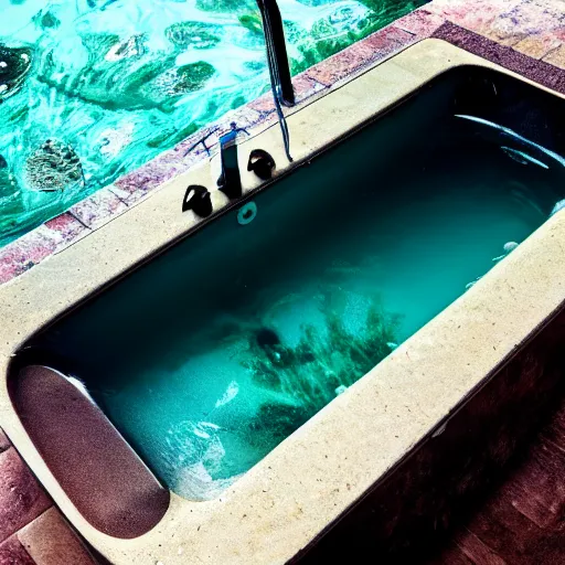 Prompt: photo of a bathtub with the surface of water visible in it. the whole scene is underwater