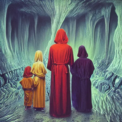 Image similar to painting of a creepy family wearing long robes, intercrossed humans, mixed animal, in a crystal cave, by giger, zdzislaw beksinski, thierry bosch, cold hue's, amazing colorful background, digital art, concept art, animal painting, beautiful composition 3 - d 4 k,