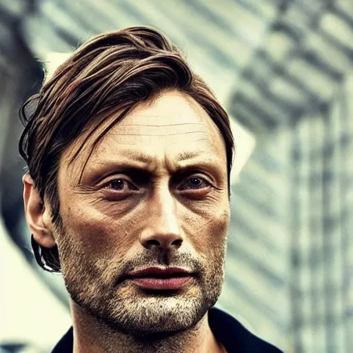 Image similar to a man who is a genetic combination of mads mikkelsen and jude law face and upper - body focus