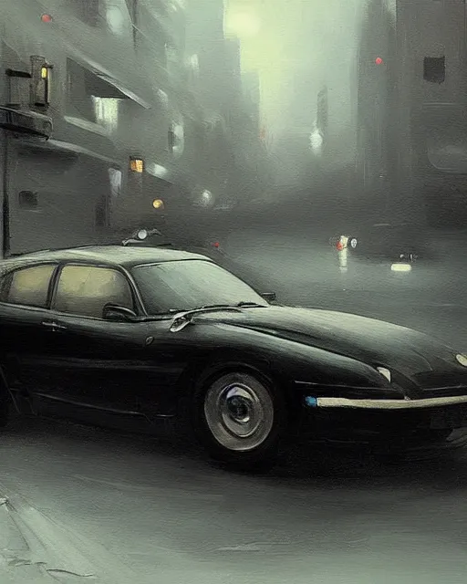 Image similar to Hyper realistic oil painting of a noir detective in his car, hyper detailed, gloomy, moody lighting, by greg rutkowski, trending on artstation