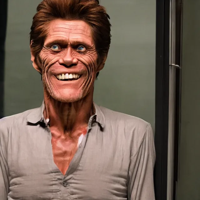 Prompt: willem dafoe staring at me through a window with a huge grin and a deranged look in his eyes