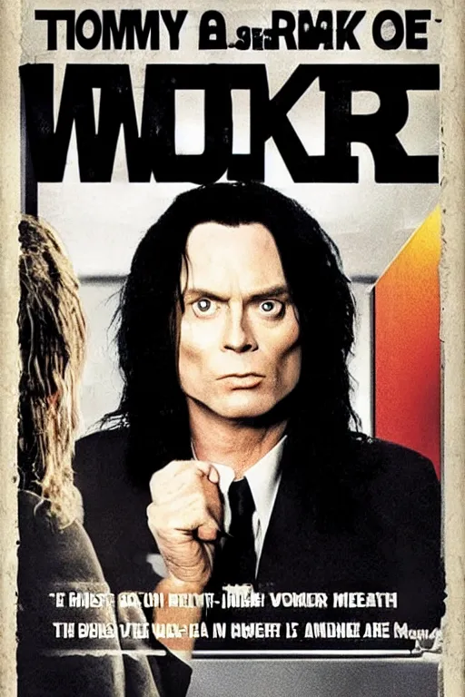 Image similar to a poster depicting tommy wiseau from the room ( 2 0 0 3 ) with the words'oh hi mark'written on it, perfect kerning