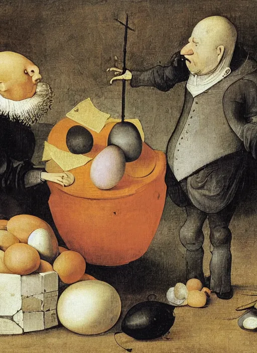 Image similar to carton of gregs'eggs with silly round humpty dumpty jack black facial expressions, realistic, by hieronymus bosch and pieter brueghel