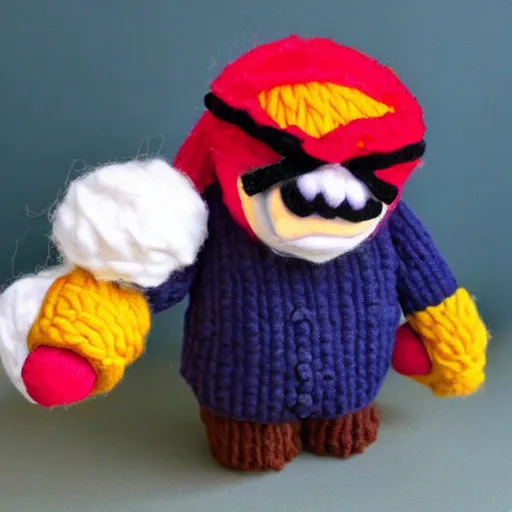 Image similar to a doll of wario made out of yarn