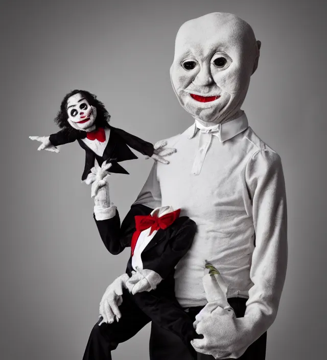 Image similar to hyper realistic photography of lunatic ventriloquist with haunted puppet