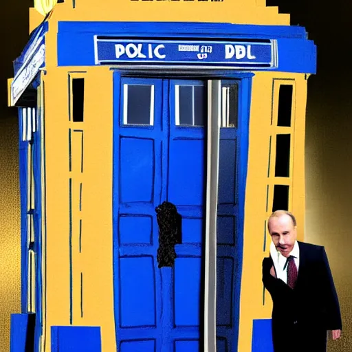 Prompt: Vladimir Putin as Doctor Who inside a TARDIS