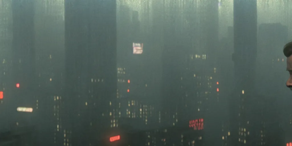 Image similar to beautiful cinematic film still of steve buscemi smoking a cigarette on a building top overlooking the rainy city in blade runner, 4 k