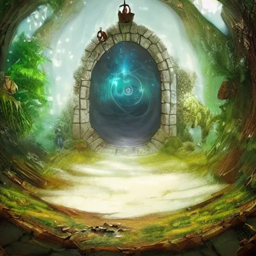 Prompt: a portal leading to a fantasy world full of things to explore