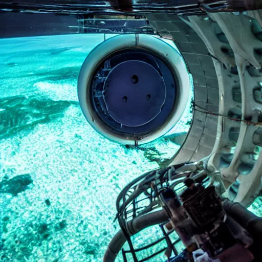 Image similar to view of atlantis through the port hole of a submarine.