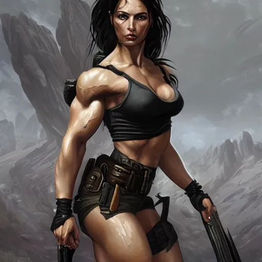 Image similar to lara croft as a female bodybuilder goth girl showing her abs, fantasy, intricate, elegant, highly detailed, digital painting, artstation, concept art, matte, sharp focus, illustration, art by aenaluck and roberto ferri and greg rutkowski, epic fantasy, digital painting