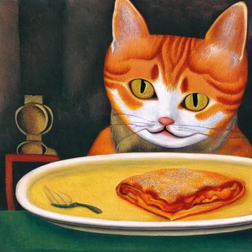 Prompt: fat orange tabby cat eating lasagna on a table, afternoon, by frida kahlo, neighborhood outside window