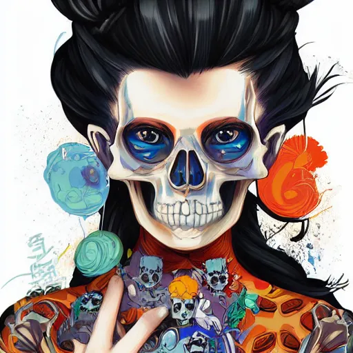 Image similar to anime manga skull portrait young woman skeleton, bart simpson, painterly, logo, graffiti, elegant, highly detailed, digital art, art by jc leyendecker and sachin teng