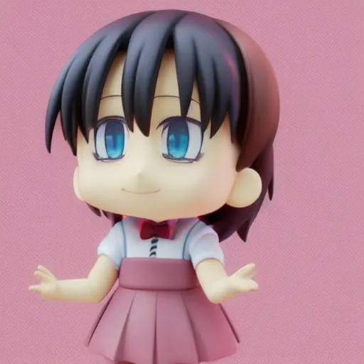 Image similar to character face portrait of a singular kawaii chibi in the sytle of kyoto animation, in simple background, nendoroid eyes, blender, toon rendering