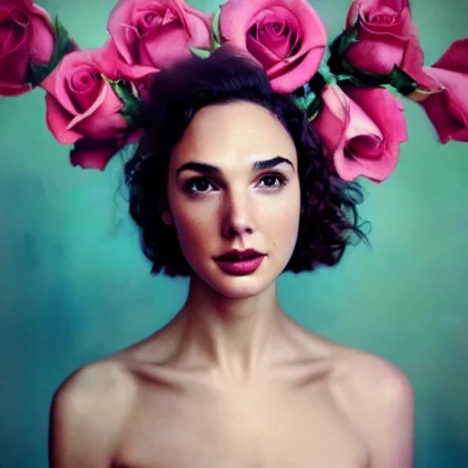 Image similar to fine art photo of the beauty gal gadot, she is merging from pink roses, taken by oleg oprisco