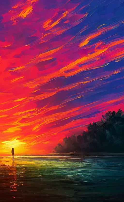 Image similar to a beautiful illustration of a sunset, art of alena aenami, featured on artstation, vertical orientation, paint brush strokes, expressionism, brushstroke - laden