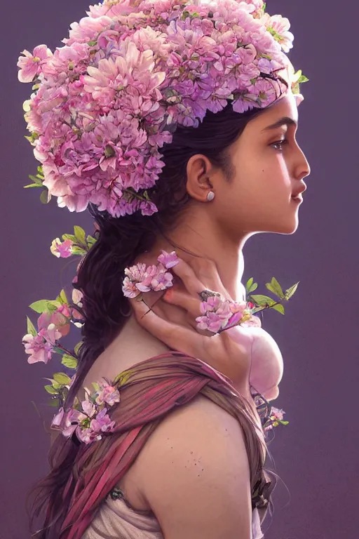 Image similar to ultra realistic illustration, indian girl with flowers blossoming from helmet, elegant, highly detailed, digital painting, concept art, smooth, sharp focus, illustration, art by artgerm and greg rutkowski and alphonse mucha