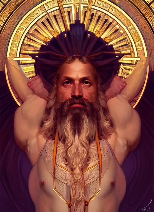 Image similar to symmetry!! portrait of god zeus, mithology, intricate, highly detailed, dynamic lighting, digital art, digital painting, artstation, wlop, sharp focus, illustration, art by artgerm and greg rutkowski and alphonse mucha, 8 k