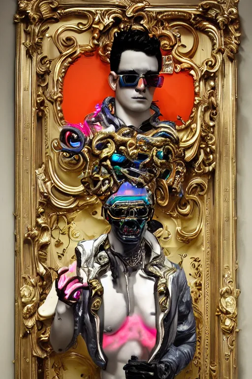 Image similar to full-body neon porcelain bladerunner and rococo style sculpture of a young handsome Cuban prince wearing cholo shades as a half android with a porcelain chest opening exposing circuitry and electric sparks, glowing laser beam eyes, crown of giant diamonds, flowing neon-colored silk, fabric, raptors. baroque elements. full-length view. baroque element. intricate artwork by caravaggio. many many birds birds on background. Trending on artstation, octane render, cinematic lighting from the right, hyper realism, octane render, 8k, depth of field, 3D