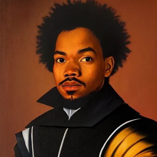Image similar to a portrait painting of Chance The Rapper dressed as Shakespeare by Caravaggio, realistic, detailed