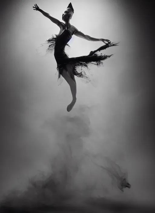 Image similar to a Photorealistic dramatic hyperrealistic render of a glamorous beautiful Female smoke dancer by Ken Brower and Deborah Ory of NYC Dance project,Lois Greenfield,Flowing cloth and smoke,Beautiful dynamic dramatic dark moody lighting,volumetric,shadows,cinematic atmosphere,Octane render,8K