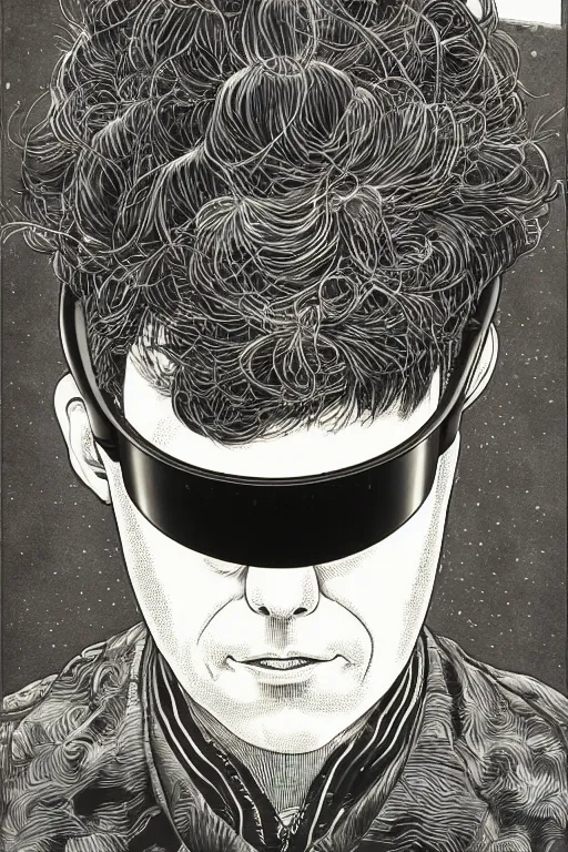 Prompt: portrait closeup of middle aged man wearing vr headset, symmetrical, by yoichi hatakenaka, masamune shirow, josan gonzales and dan mumford, ayami kojima, takato yamamoto, barclay shaw, karol bak, yukito kishiro