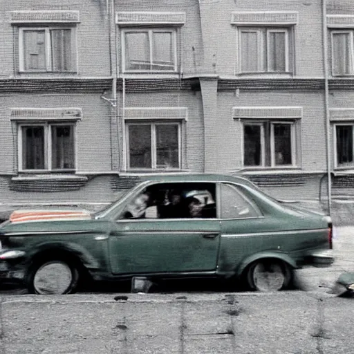 Image similar to low angle shot of right corner of russian car in soviet yard with block of flats, low grain film, masterpiece, blur, in style of william egglestone