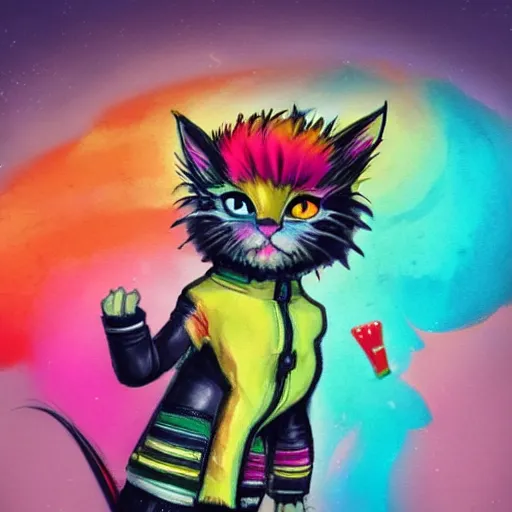 Image similar to wide angle full body, jacket wearing fluffy cute rainbow kitten wearing a black leather motorcycle jacket, cinematic concept art