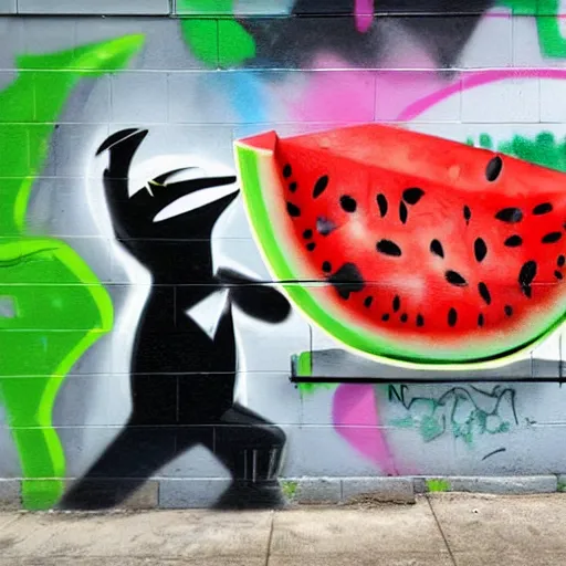 Prompt: a craw eating a watermelon, graffiti, photograph, made by banksy, vivid colors, spray brush, midday, sunny, professional