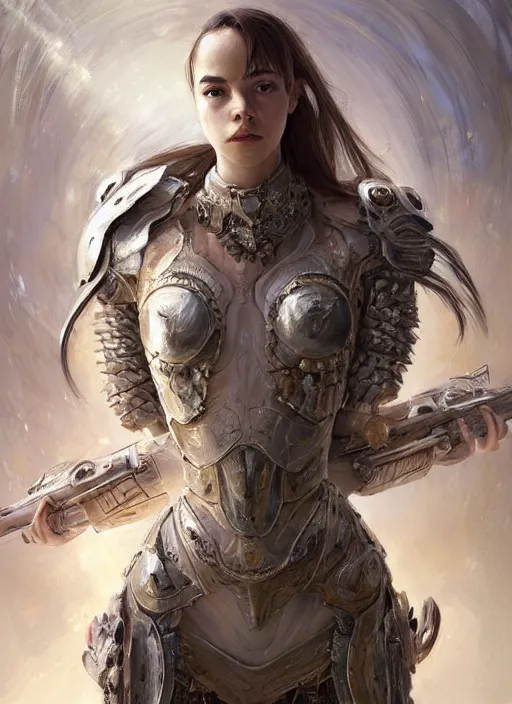 Image similar to a professional portrait of a beautiful young female, clothed in ethereal battle armor, olive skin, long dark hair, beautiful bone structure, symmetrical facial features, intricate, elegant, digital painting, concept art, smooth, sharp focus, finely detailed, illustration, from Valerian and the City of a Thousand Planets, in the style of Ruan Jia and Mandy Jurgens and Artgerm and Greg Rutkowski and William-Adolphe Bouguerea