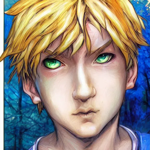 Image similar to an epic fantasy comic book style portrait painting of a young blonde boy thief in the style of yoshitaka amano