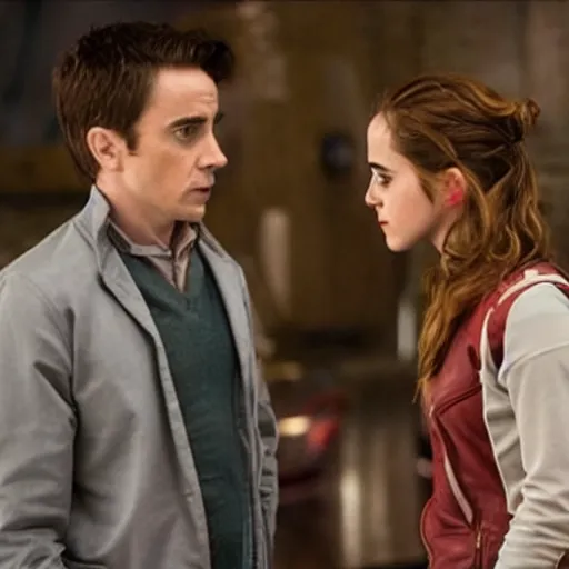 Prompt: a still of emma watson in iron man fighting with captain america ( daniel radcliff )