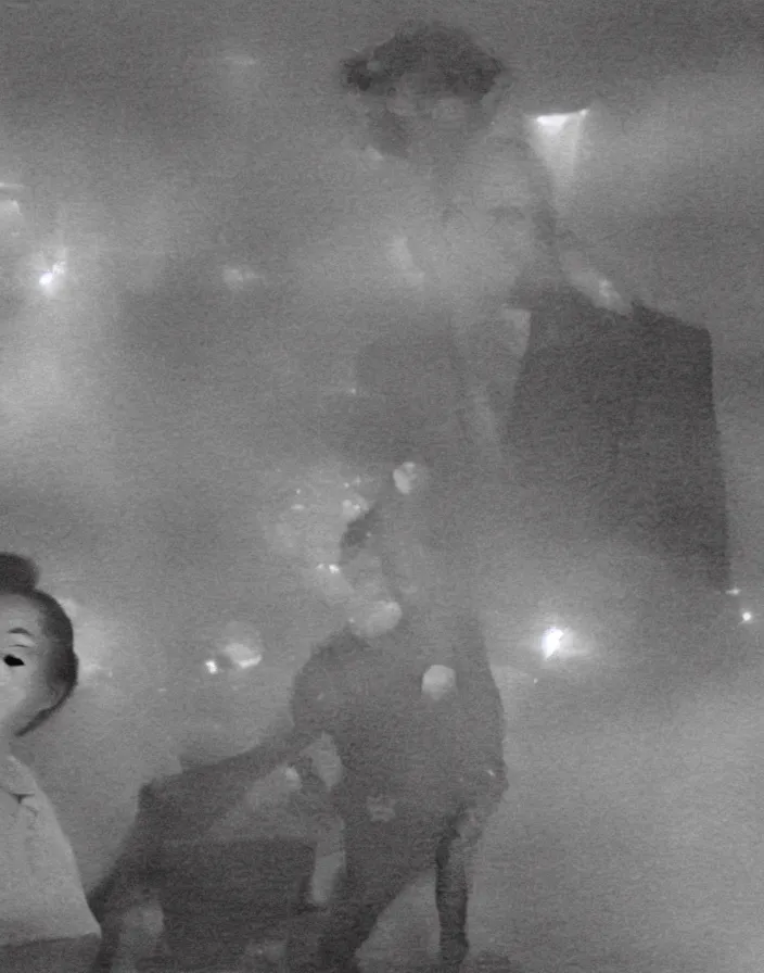 Image similar to very low - resolution found footage of kim jong - il and a starfish kaiju monster, fog, foggy, korean film noir, monochrome, red hue, thriller, underdeveloped, epic, dramatic