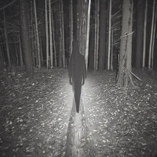 Image similar to grainy trail cam photo still of an alien in the woods at night hiding in the trees of a forest